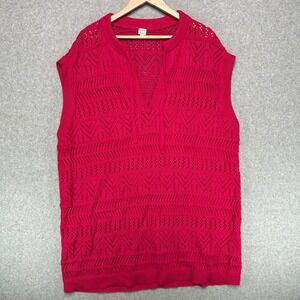 Loft Beach Coverup XXL Pink Pointelle Crochet Knit Sleeveless Split Neck Tie Top